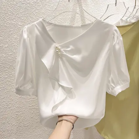 2023 New Korean style slimming thin irregular pleated fabric pullover short-sleeved chiffon shirt for women in summer 2023 New Korean style slimming thin irregular pleated fabric pullover short-sleeved chiffon shirt for women in summer